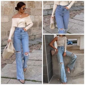 ZARA Wide Leg High Rise Ripped Jeans Size 10